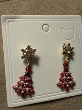 Festive Red Christmas Tree Dangle Earrings With Pearls And Crystals