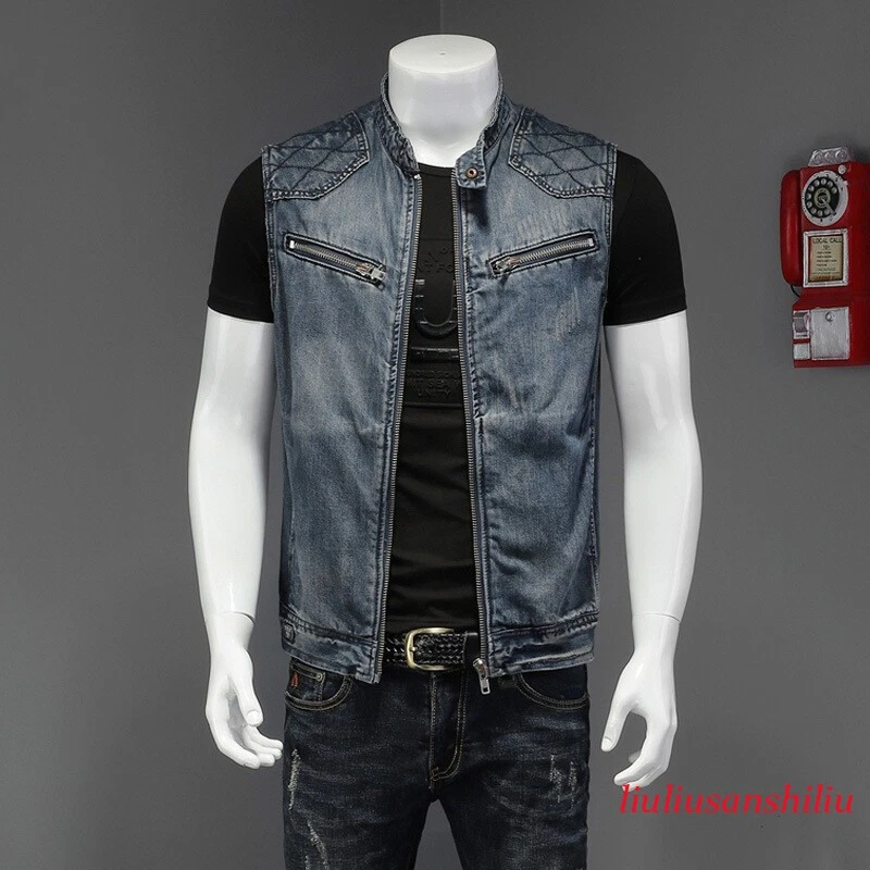 Plus Size Mens Denim Vest Zipper Pocket Jacket Solid Sleeveless Coat Waistcoat