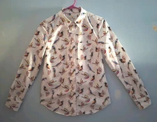 Boden Button Shirt Top Bird Print Cotton White Multicolor Size 6R Womens