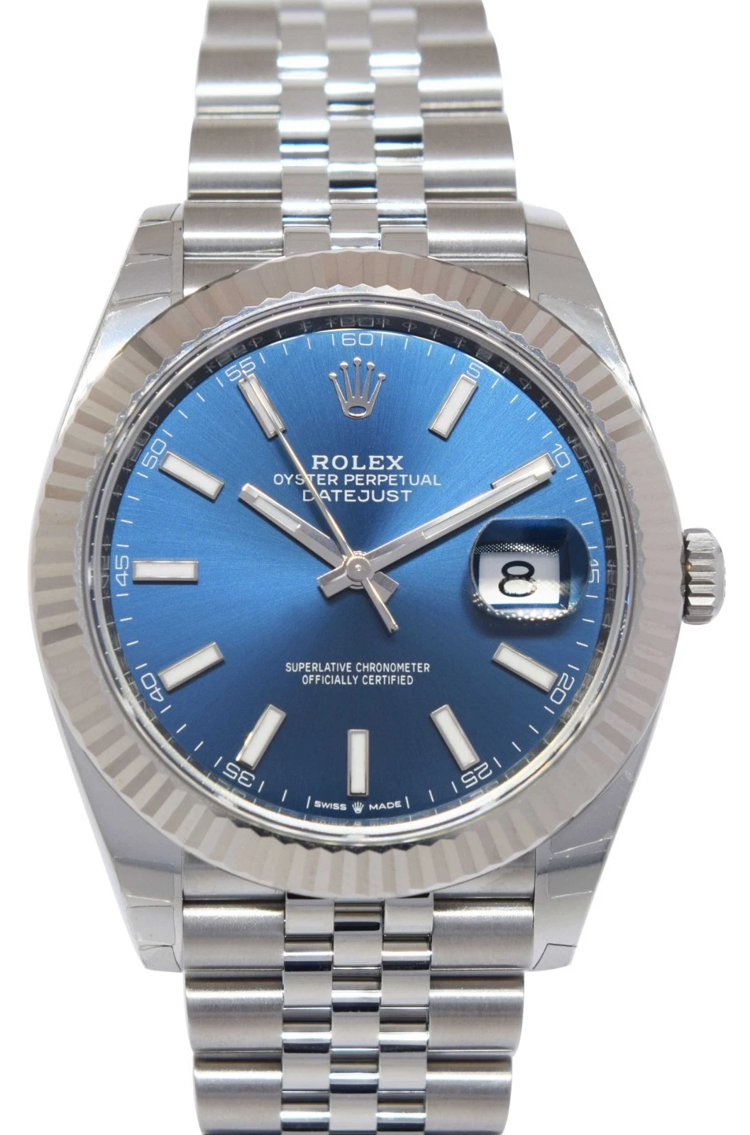 NOS Rolex Datejust 41 Steel & 18k White Gold Bezel Blue Dial Watch BP '22 126334