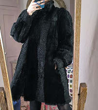 70s True Vintage Black Real Fur Shearling Lamb Goat Astrakhan Jacket Coat 14 16