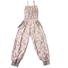 Skemo Coral Print Jumpsuit Spaghetti Strap Smocked Pockets White Pink Size XL