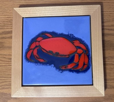 Framed CAPRICHIO Glazed Terracotta TILE 8 x8  Red Crab Blue Background EUC