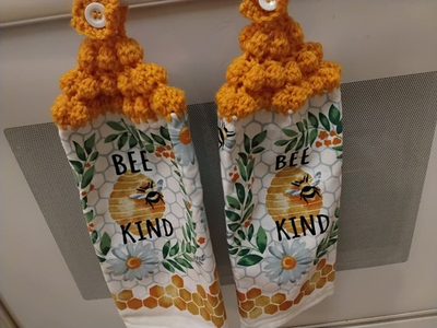 #ad #ad Bee Kind Hanging Kitchen Dish Towels Crochet Tops Towel Set Handmade Gold Honey $16.95