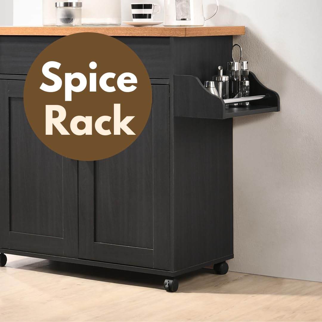 Hodedah Kitchen Island with Spice Rack, Towel & Drawer, Black Beech