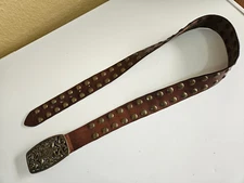 Brown Genuine Leather Men Belt Studs Brass Buckle Openwork  Med 39-43