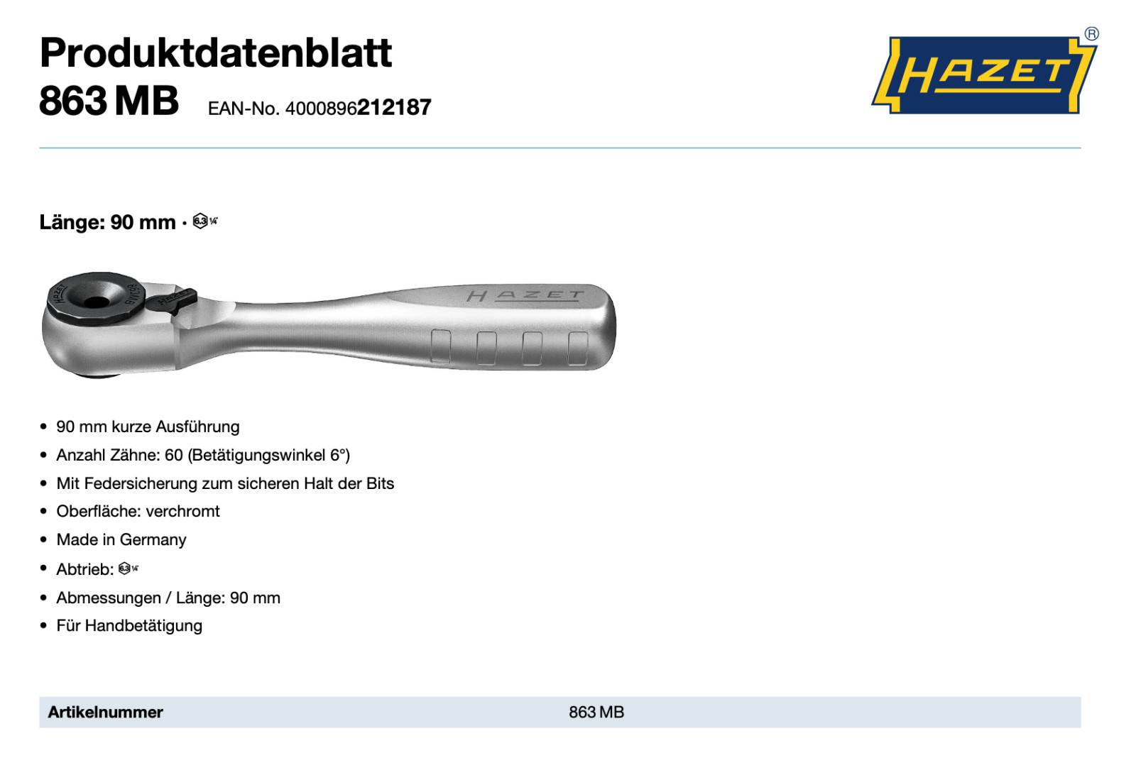 HAZET 863 MB kleine Vollstahl Bitknarre Knarre für 14 Zoll (6,3 mm) Bits NEU