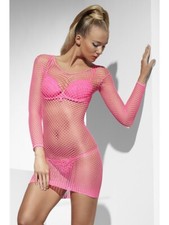 Fever Clubwear FV20791 Neon Pink Lattice Net Long Sleeve Dress OS