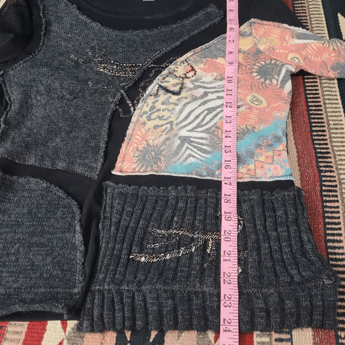 Top maglia patchwork Talk Of The Walk vintage anni 90 taglia L nero nylon lana perline trasparente - Foto 6 di 6