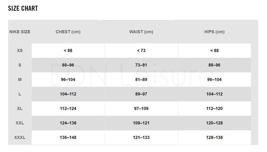 Nike - Size Chart - Mens - Tops