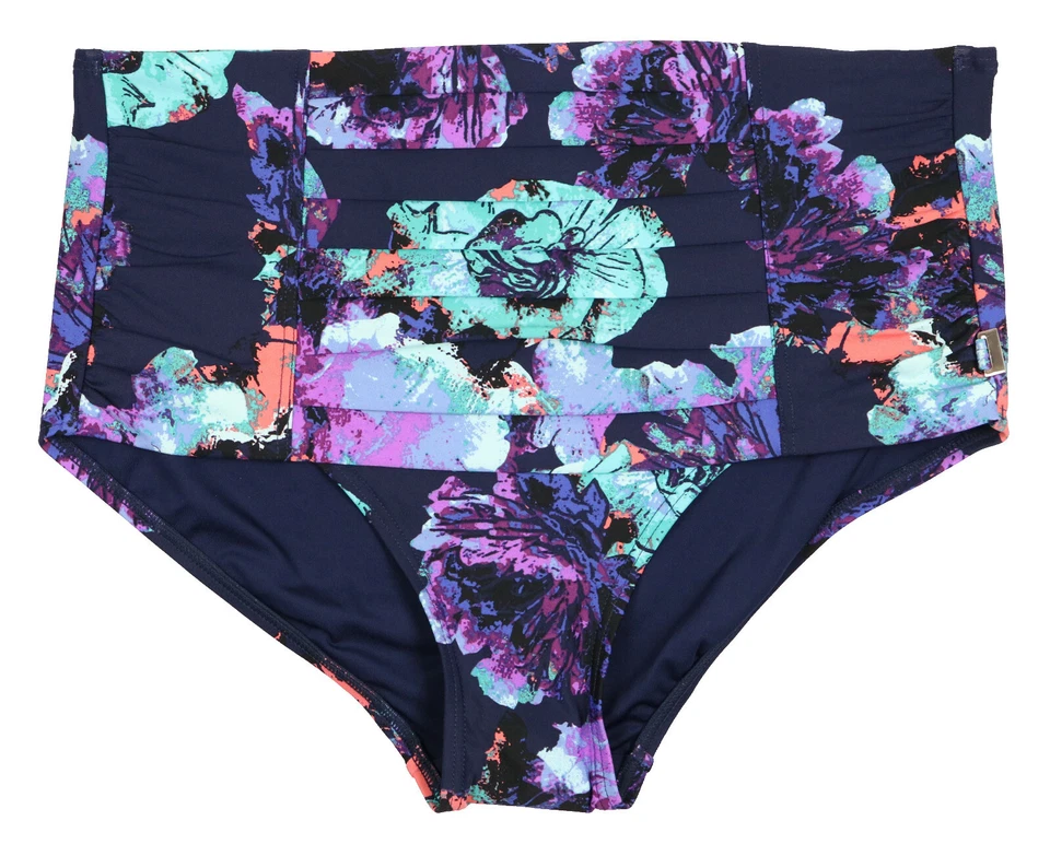 CALVIN KLEIN 百褶高腰比基尼下装 L 码大号花卉紫色泳装 — 第 3/4 张图片