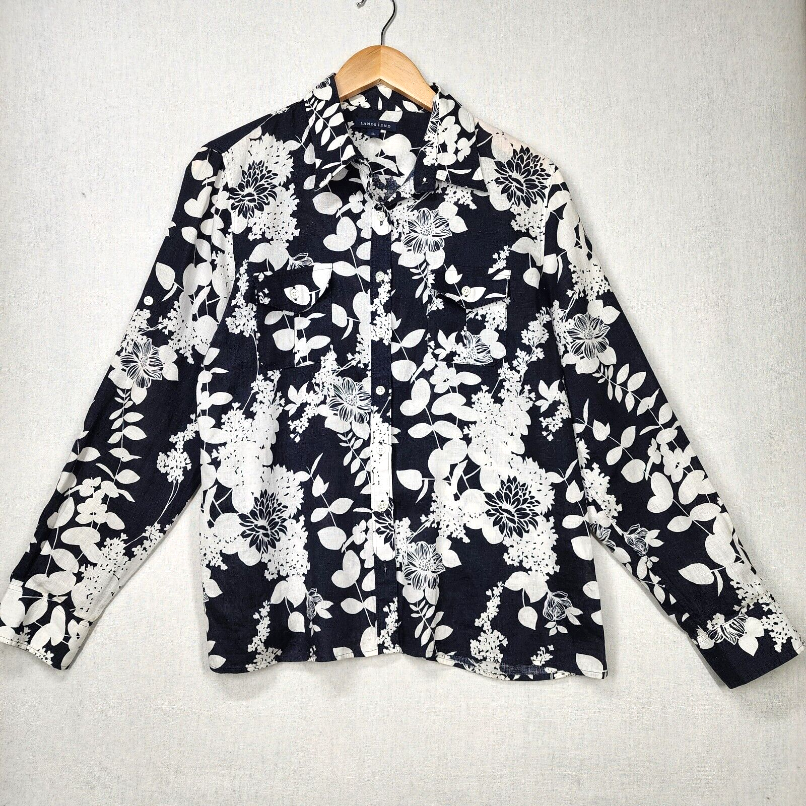 Lands End Linen Blue White Hawaiian Print Button Up Shirt with Roll Tab Sleeves in Medium Size