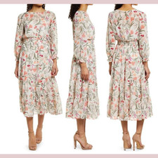 NWT $168 Eliza J [ 2 ] Floral Long Sleeve Tiered Midi Dress White Pink U1188