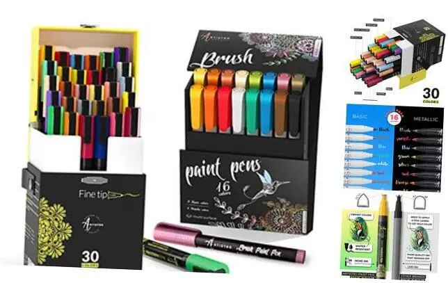 16 Brush Paint Pens and 30 Acrylic Paint Markers Fine Tip, Bundle for