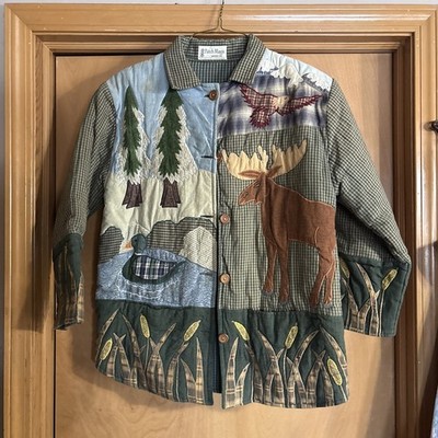 Vintage Patch Magic Group 2X Reversible Quilt Jacket Button Up Moose Forest