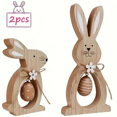 2pcs Wooden Easter Decor Set, Bunny and Eggs Table Centerpiece, Festive &