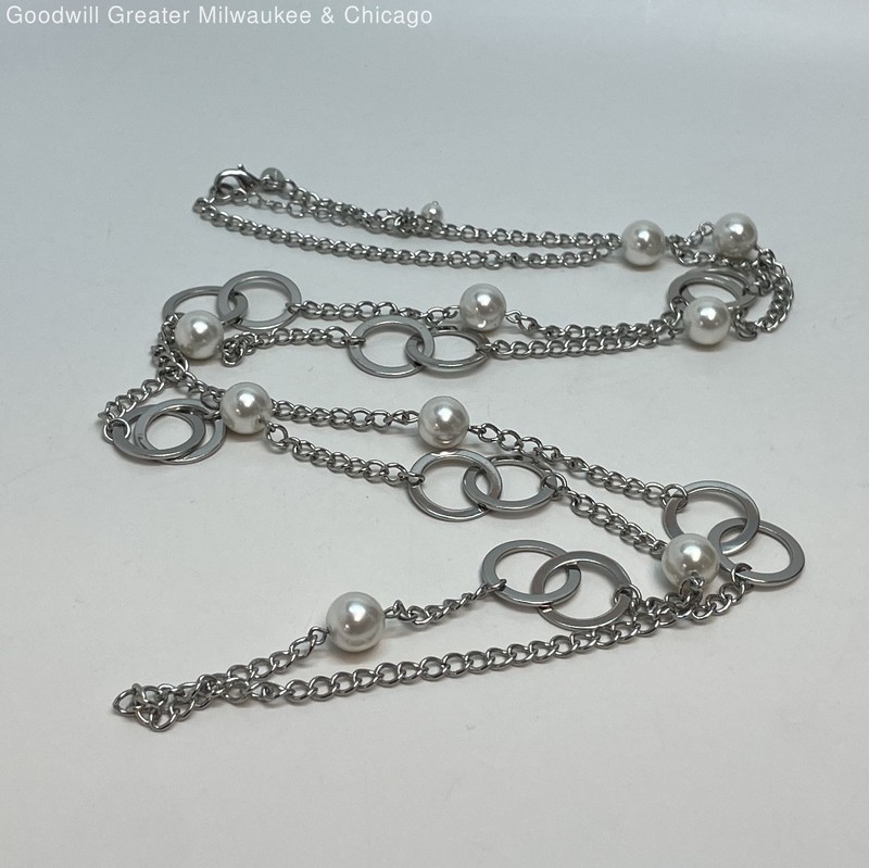 Lia Sophia Silver Tone Faux Pearls Long Chain Statement Necklace 56.8g
