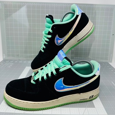 Nike Air Force 1 Men Size 11 Low Black Suede Mint Iridescent Swoosh AF1 82 Shoes