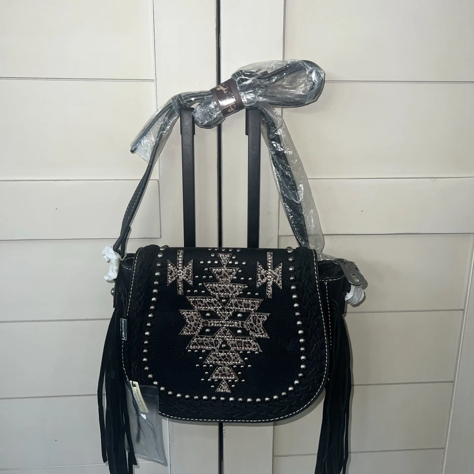 New-Montana West Cheetah Print Design, Fringe, Braided Saddle Handbag, Crossbody - Image 2 of 4