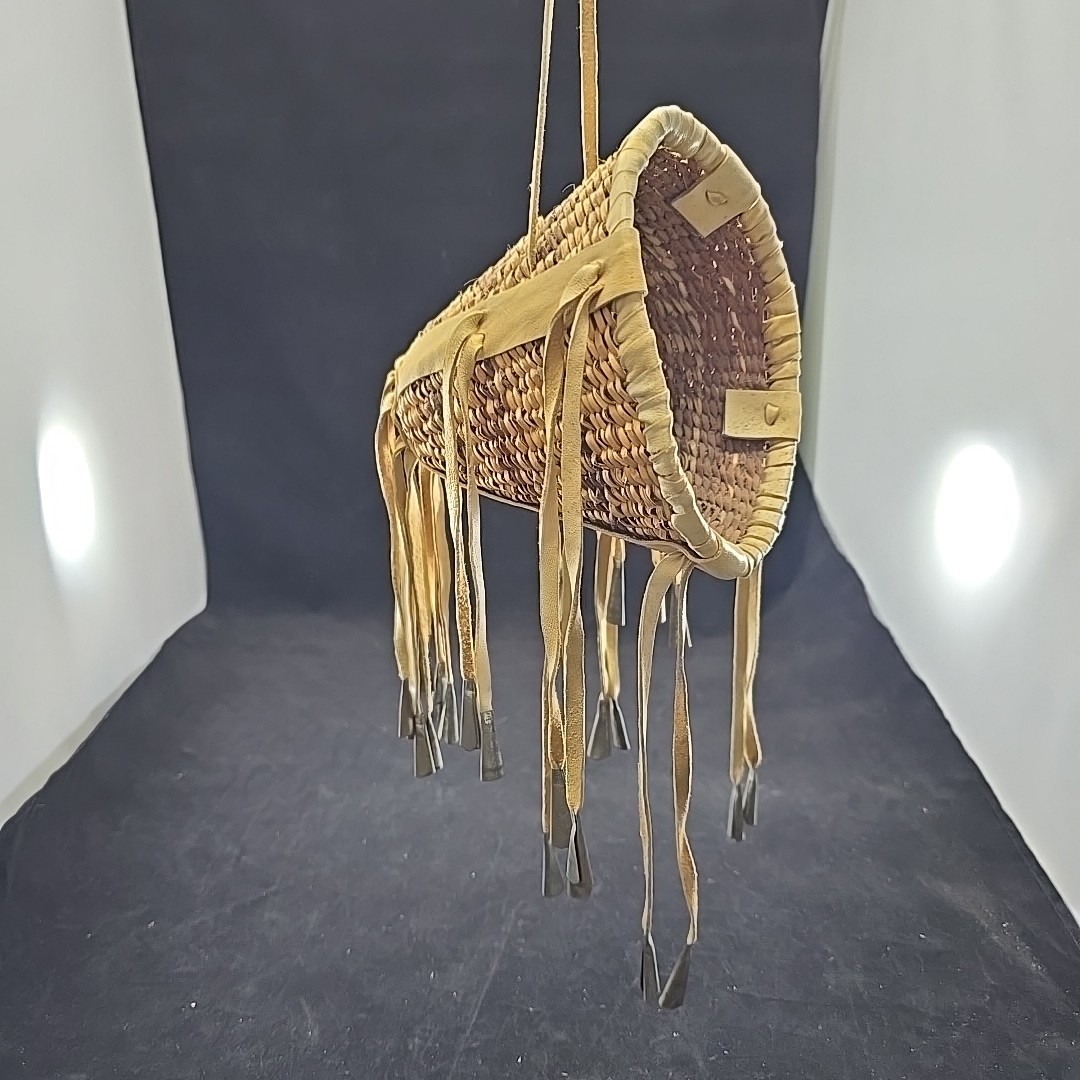VTG Apache Burden Basket Hanging Woven Leather Fringe Tin Tinklers
