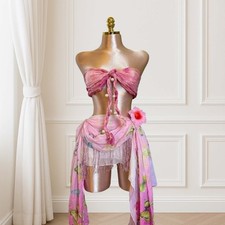 Pink Butterfly Fringe Sarong & Bandeau Top Set Beach Cover Up