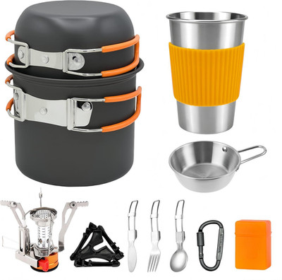 Camping Cookware Mess Kit, Non-Stick Lightweight Pots and 10PCS, Gray
