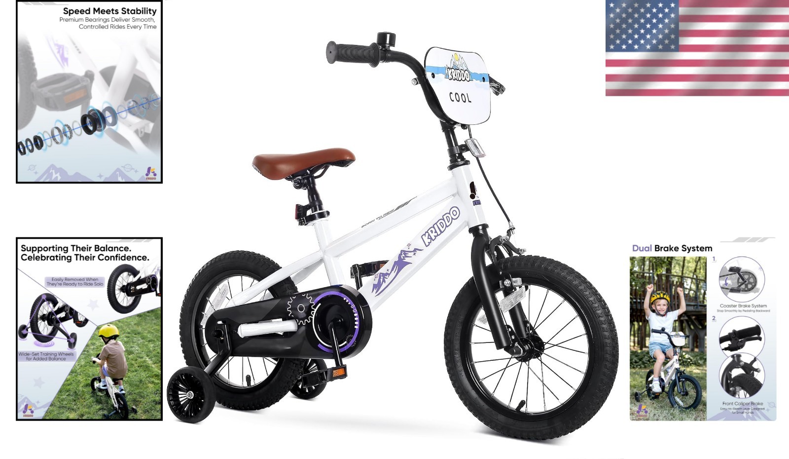 Beginner-Friendly 14-16 Inch Kids Bike w/ Training Wheels & Hand Brake - White