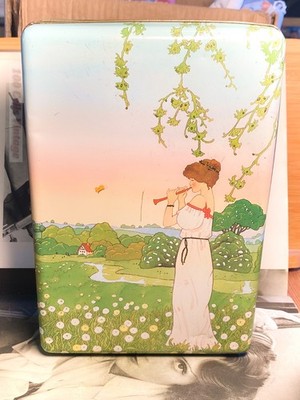Lady Playing Flute Green Marks & Spencer 1987 Vintage Keksdose Dose - 24cm
