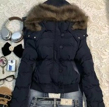 Puffer Jacket Fur Lined Hood Blue Women's Button Zip up Vintage Style y2k S