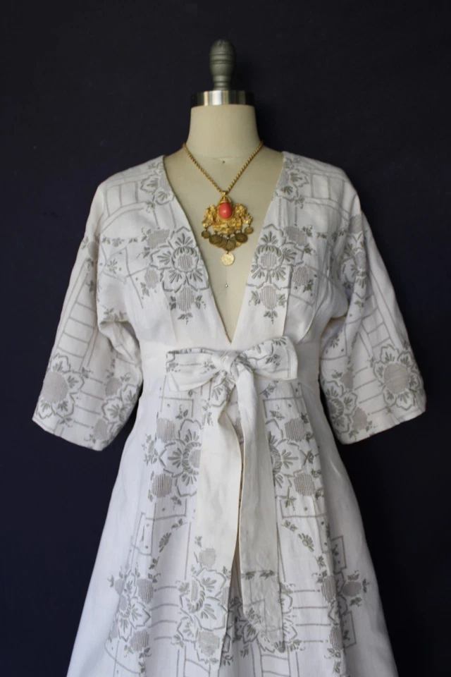 Raro Vestido Maxi Bordado Crochet Lino Vintage Personalizado Caftán Kimono Foto 4 de 4