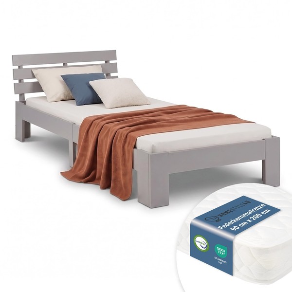 Holzbett 90X200 Einzelbett Mit Lattenrost Matratze Grau Bett Massiv Homestyle4u-image