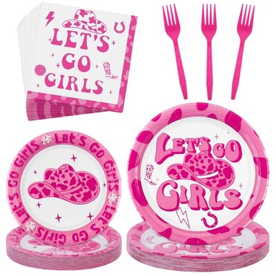 durony 96 Pieces Let's Go Girls Party Tableware Serve 24 Guests Cowgirl Paper...