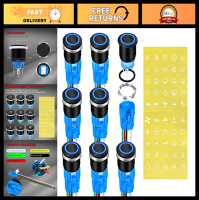 12V Latching Push Button Switch - 19mm Waterproof ON/OFF Metal with Blue LED - 8
