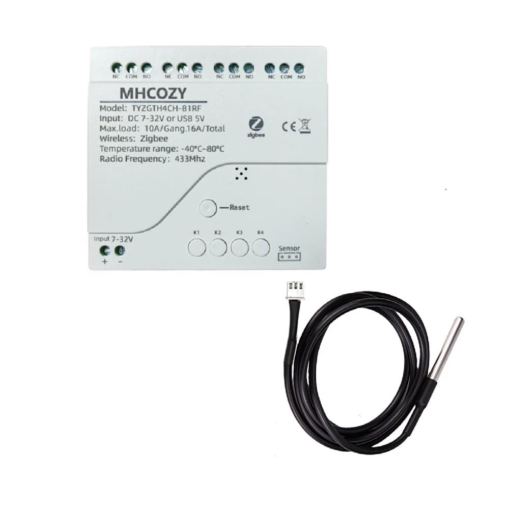 Zigbee Temperature Monitor Controller 4 Channel 12V Tuya Dry Contact Relay