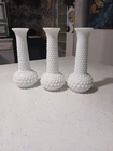 3 Vintage 7.5 inch 2 Are E.O. Brody Hobnail Milk Glass Bud Floral White Vase USA
