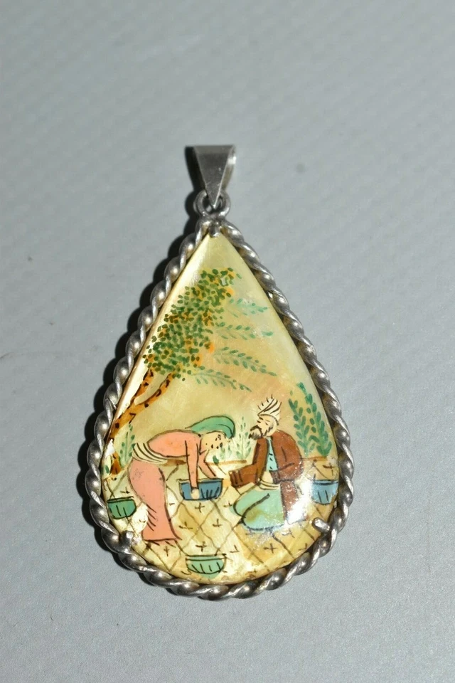 Alter Anhänger Perlmutt Muschel malerei Reiter Handbemalt Zweiseitig Fach #AA4 - Bild 2 von 2