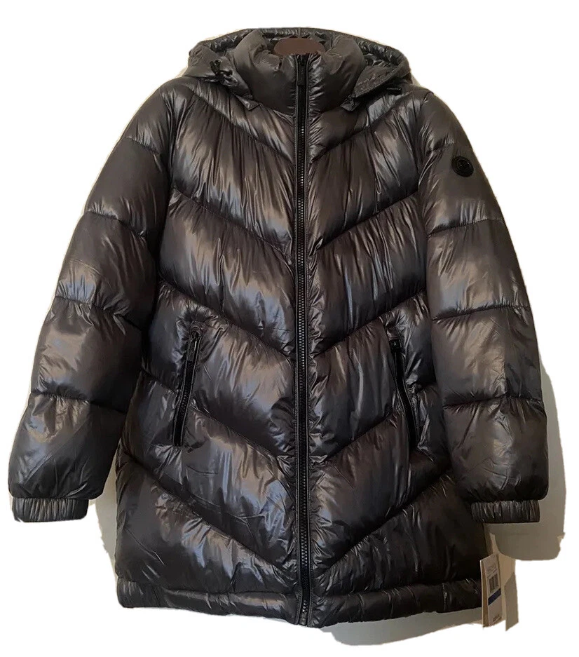 RRP $329 Cappotto tampone piumino Michael Kors XL grigio malachite cappuccio cerniera intera. Nuovo con etichette.
