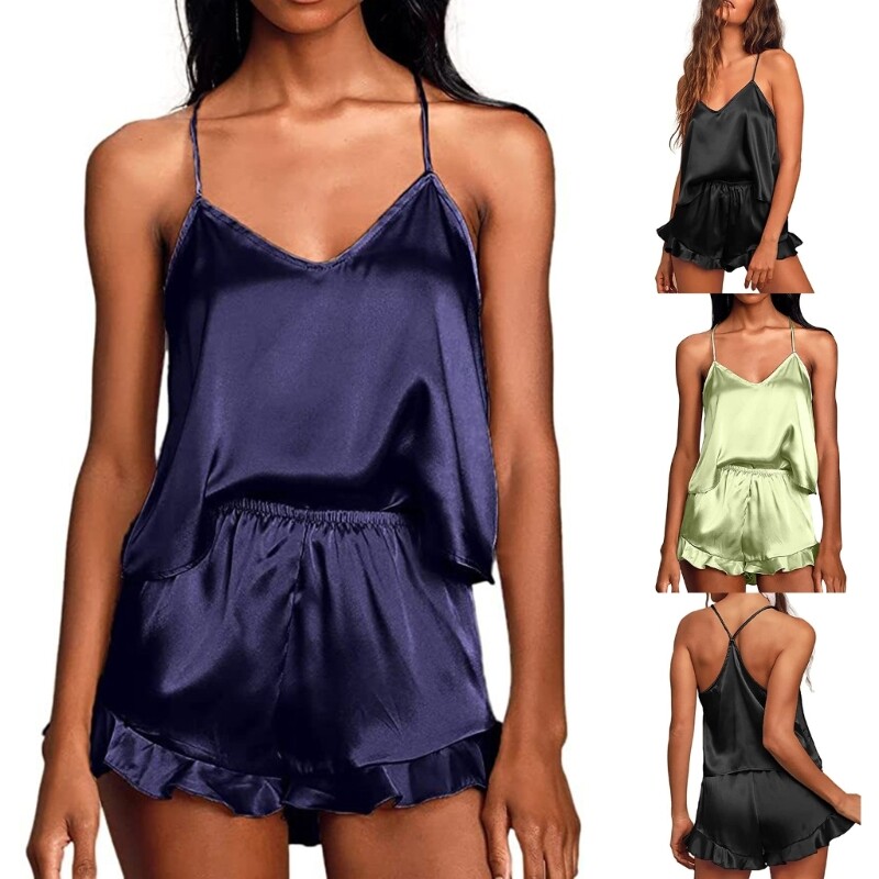 Women's Loungewear Round Neck Lace Trim Sleeveless Camisole Tops With Shorts Pajama Sets
