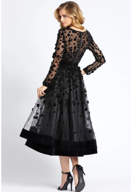 【Mac Duggal】Black☆エレガント 装飾 パフスリーブ MIDIドレス MAC DUGGAL 67007D Black Floral 3D Luxe Velvet Sheer Long