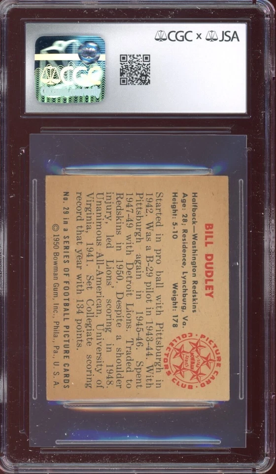 1950 Bowman Bill Dudley #29 JSA CGC Autographed Signed MINT 9 Auto Washington - Image 2 of 2