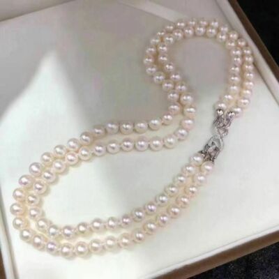 20 inch Double strands AAA++ 7-8mm natural Akoya white pearl necklace  925S