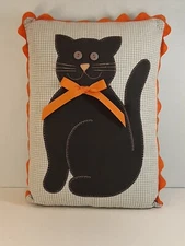 Black Cat Pillow Decor Halloween Blue & White Gingham Pattern Orange Button Eyes