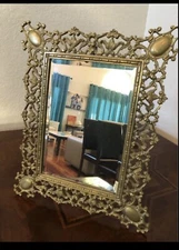 Antique Ornate Baroque Rococo Gilt Metal Acanthus Leaf Standing Vanity Mirror