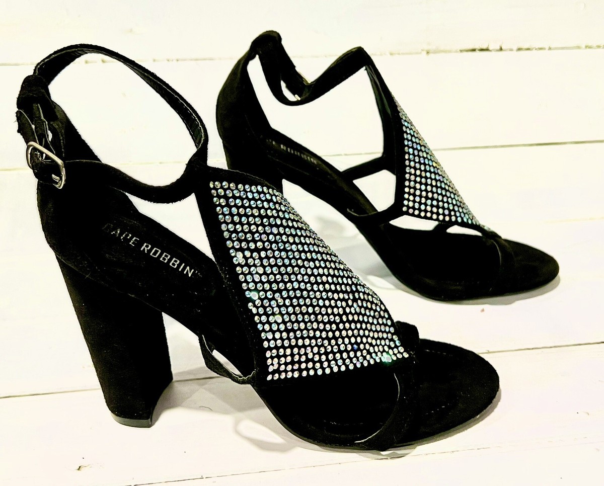 Cape Robbin Iridescent Rhinestone Black Open Toe Sue￼de Heels