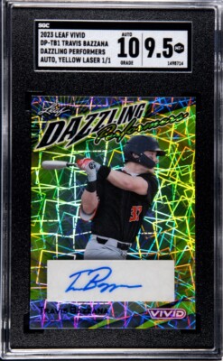 TRAVIS BAZZANA 2023 Leaf Vivid YELLOW LASER SGC 9.5/10 MINT+ AUTO TRUE #1/1