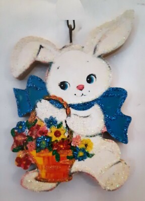 WHITE RABBIT, BUNNY w BASKET of FLOWERS *  Glitter EASTER ORNAMENT * Vtg Img