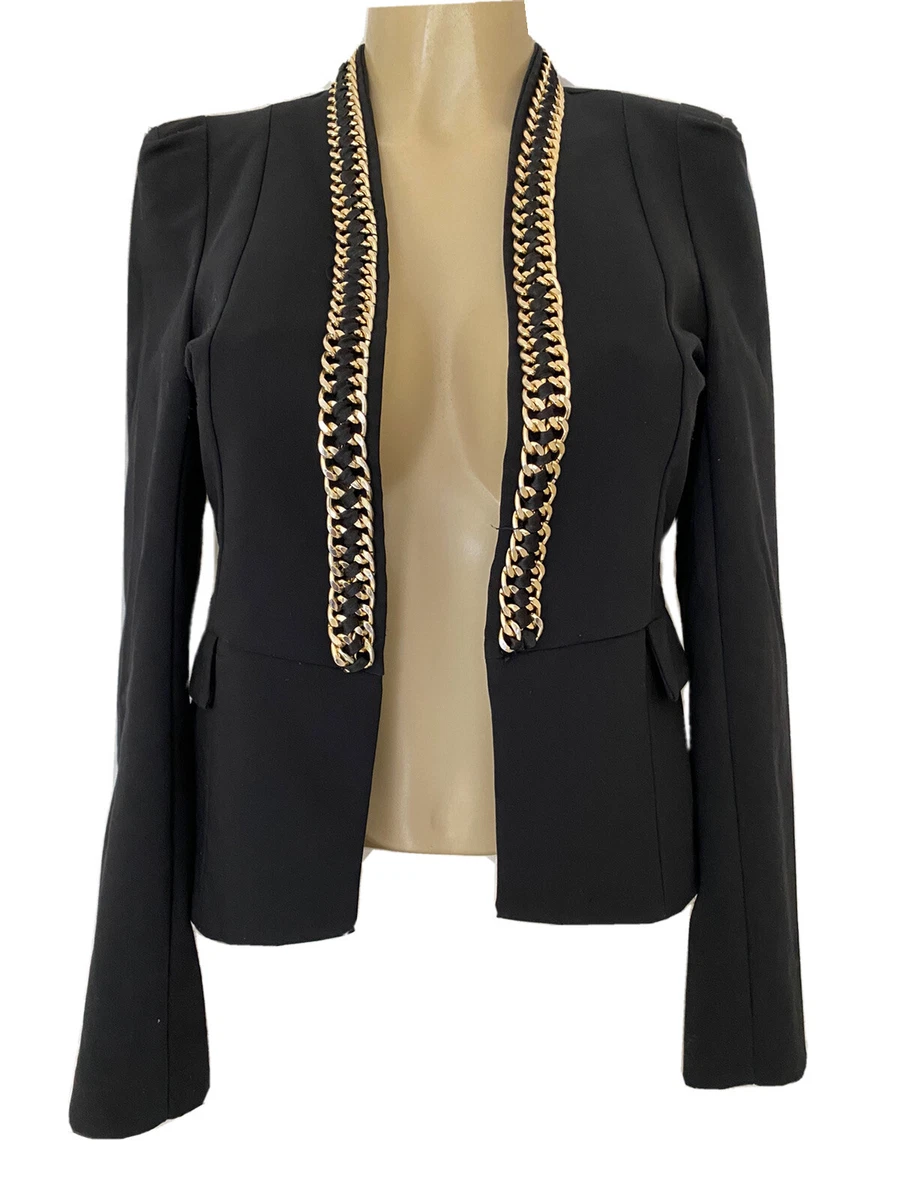 Elisabetta Franchi Blazer Jacket Celyn B Open Black Gold Chain Trim Lined M