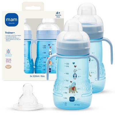 MAM 8 oz Trainer + Sippy Cup 2-Pack, 4+ Months 2-in-1 2 Count (8 oz), Blue 