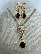Jewelry Set Pendant Necklace  Earrings Dangle Pierced Gold tone Faceted Stones