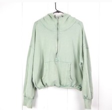 Women Green Fleece 1/2 Zip Hooded Pullover Hoodie Pockets Relaxed Fit